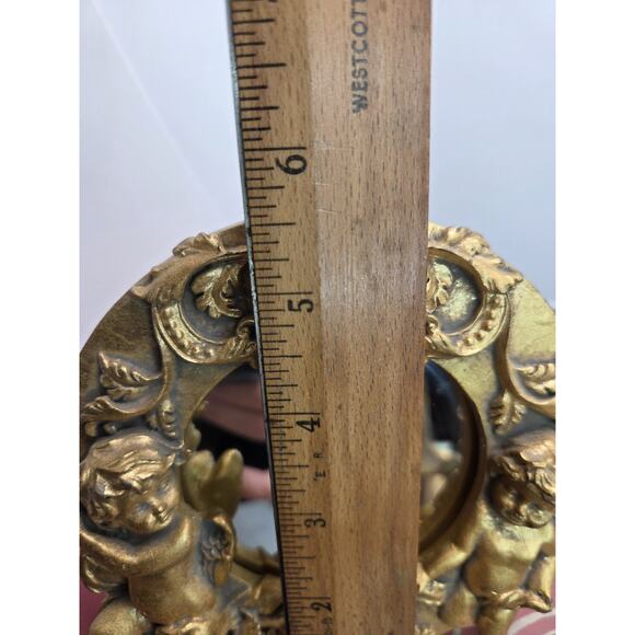 Cherub Mirror Gold Round Resin Regency Romantic 5.75 Inch Table Or Wall - Picture 8 of 9